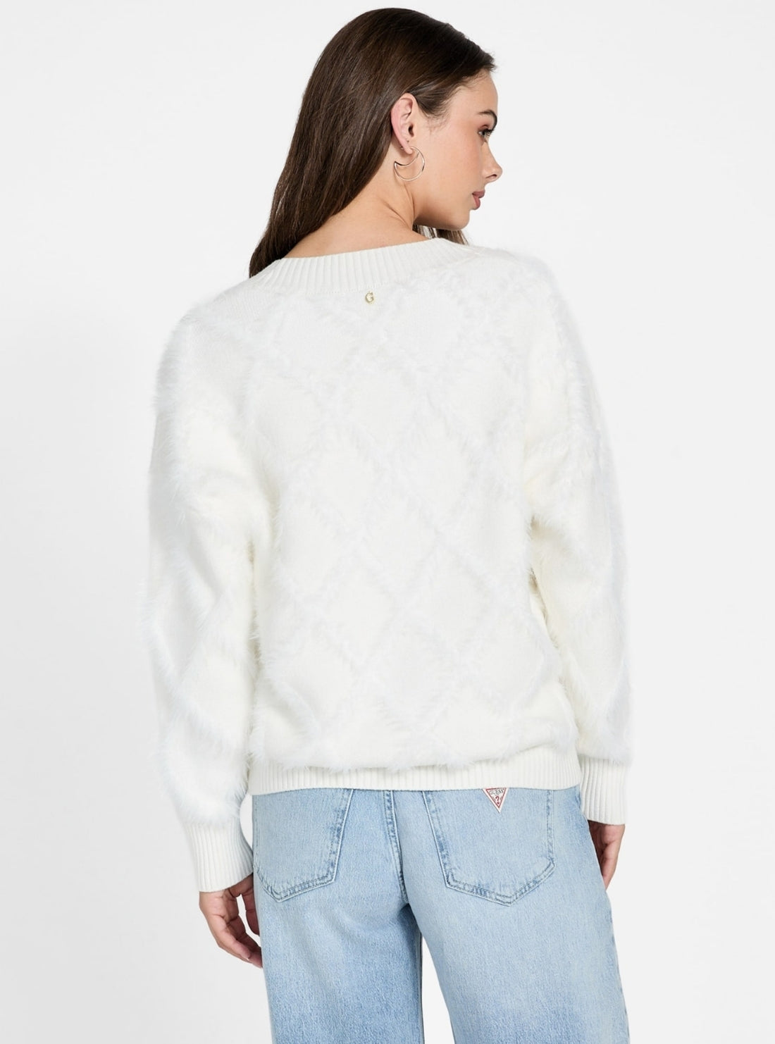 GUESS Womens White Zoe Diamond Knit Sweater W6RR71Z2MK0 Back View