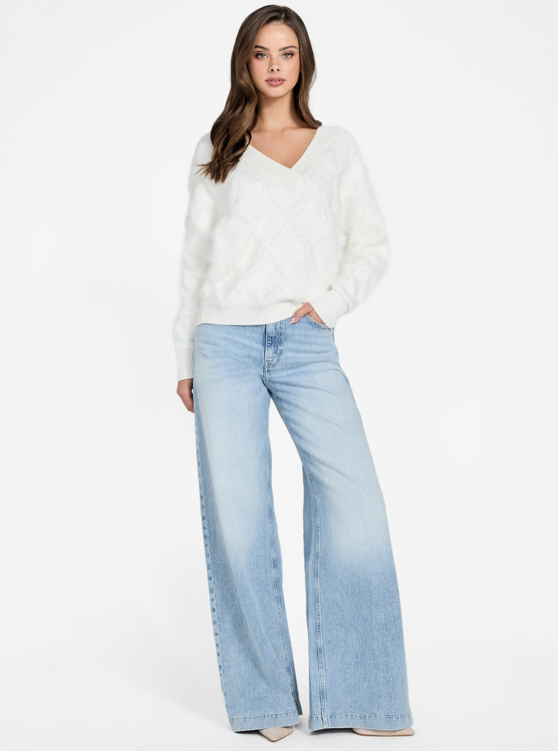 GUESS Womens White Zoe Diamond Knit Sweater W6RR71Z2MK0 Full View