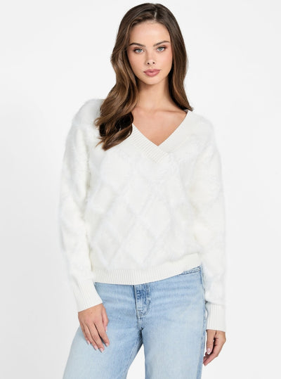 GUESS Womens White Zoe Diamond Knit Sweater W6RR71Z2MK0 Front View