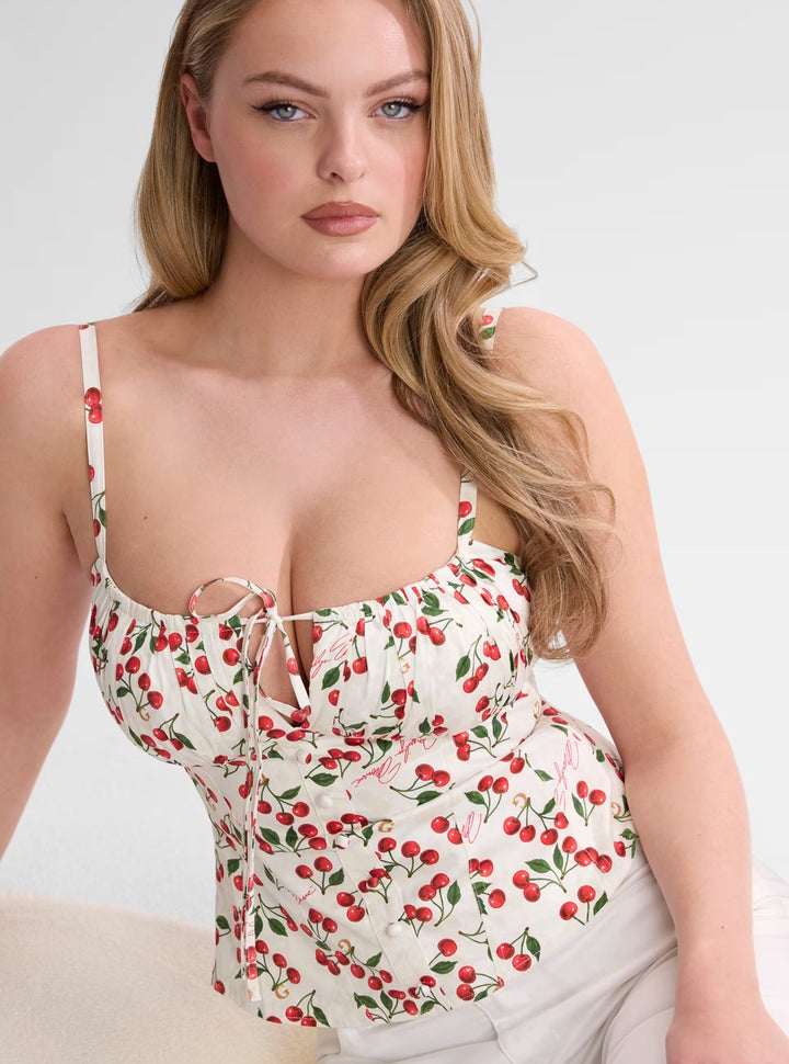 GUESS Womens Red Cherries Print Marilyn Bustier Top W6YH97W4497 Front View