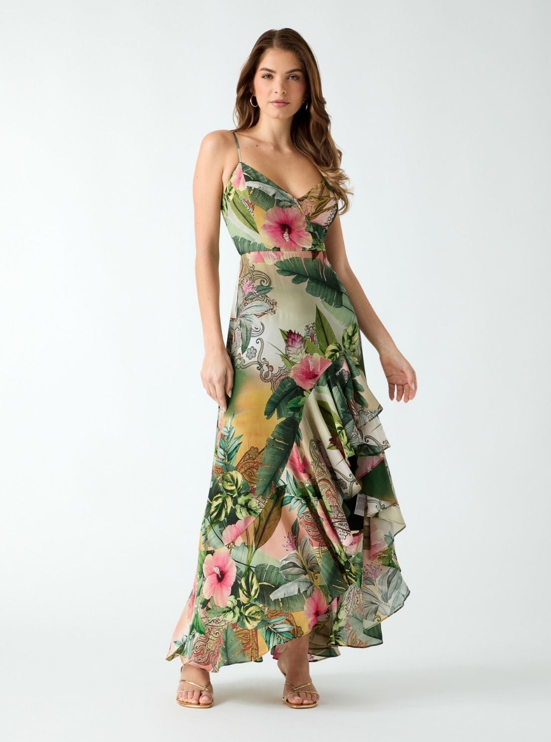 GUESS Womens Hibiscus Jardin Print Tracie Maxi Dress W6YKAGW3632 Full View