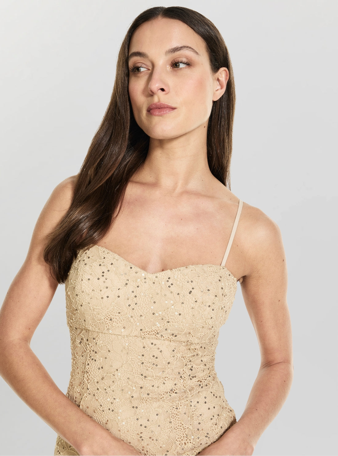 GUESS Womens Taupe Multi Elani Lace Sequin Mini Dress W6YKAPK5567 Detail View