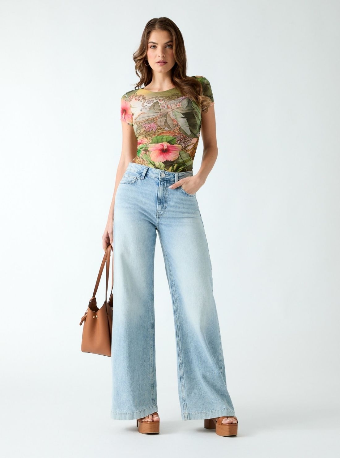GUESS Womens Eco Hibiscus Jardin Print Hani Cut-Out Top W6YP47K4526 Full View