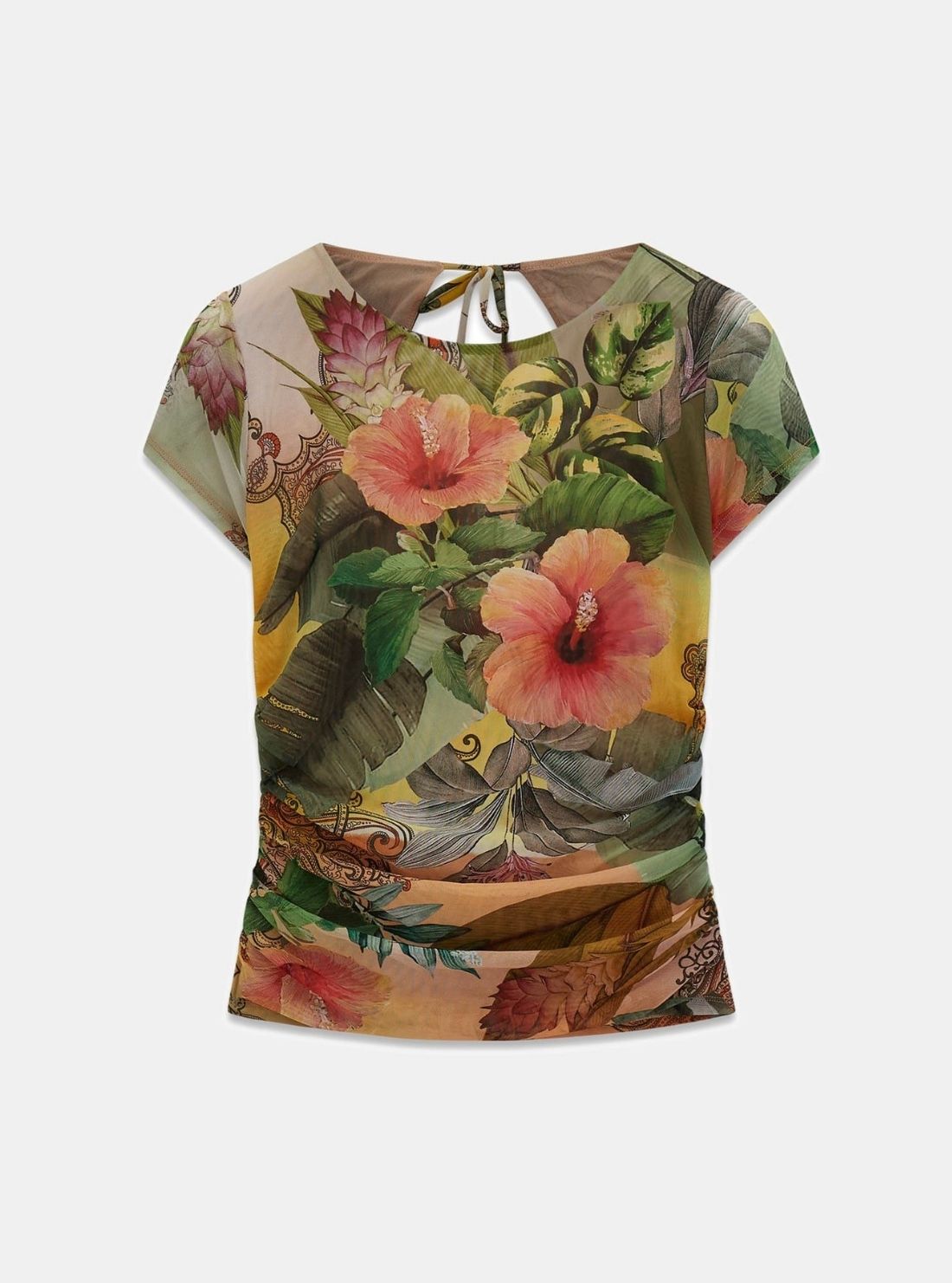 GUESS Womens Eco Hibiscus Jardin Print Hani Cut-Out Top W6YP47K4526 Flatlay