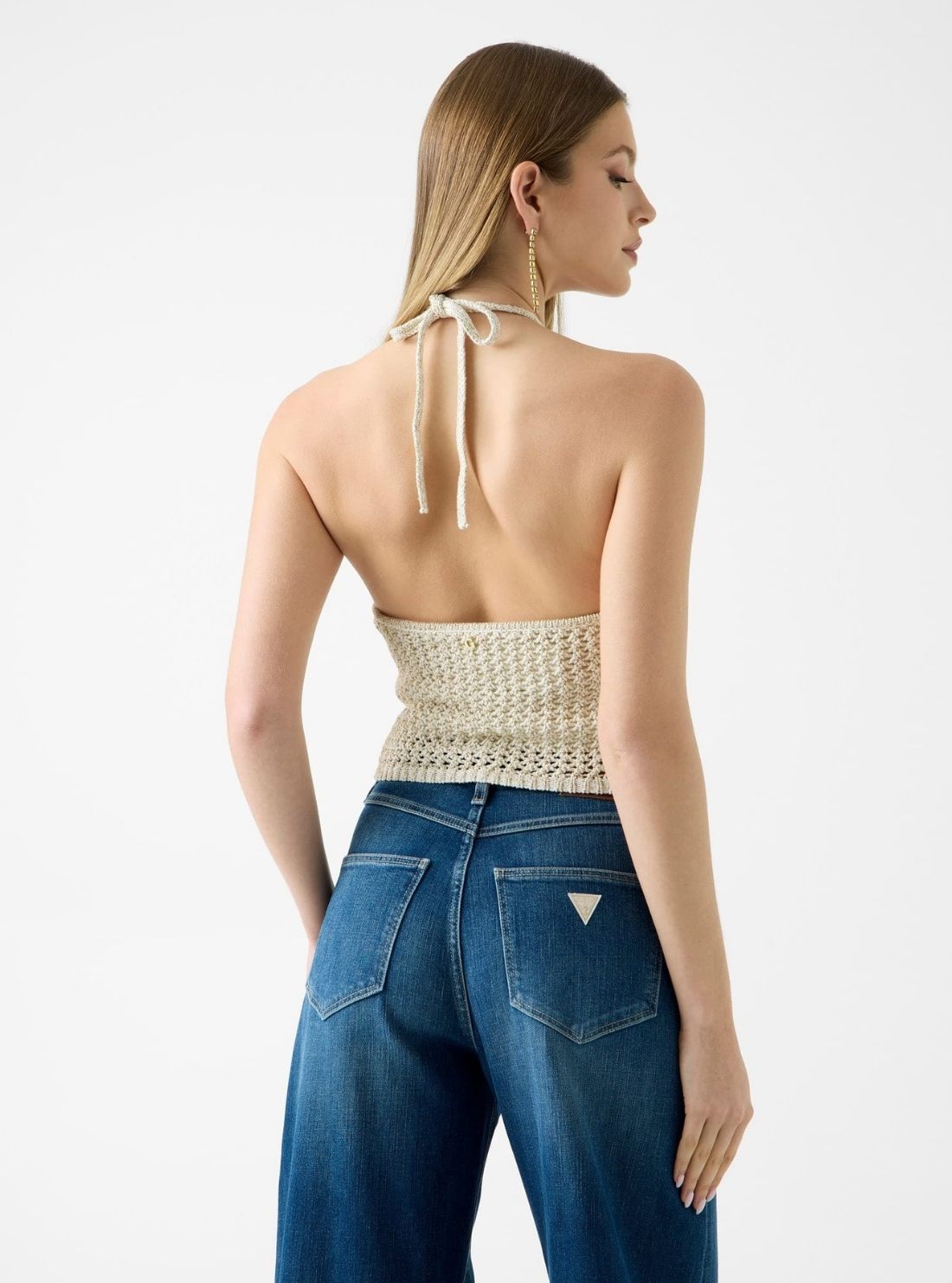 GUESS Womens Natural Multi Alicia Crochet Flower Sweater W6YR36Z1040 Back View
