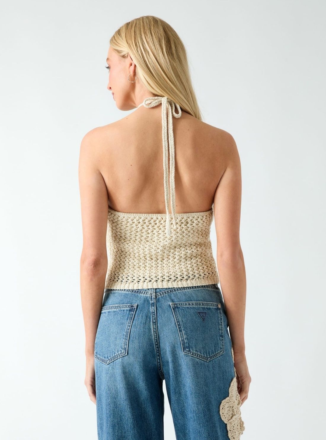GUESS Womens Natural Multi Alicia Crochet Flower Sweater W6YR36Z1040 Back View