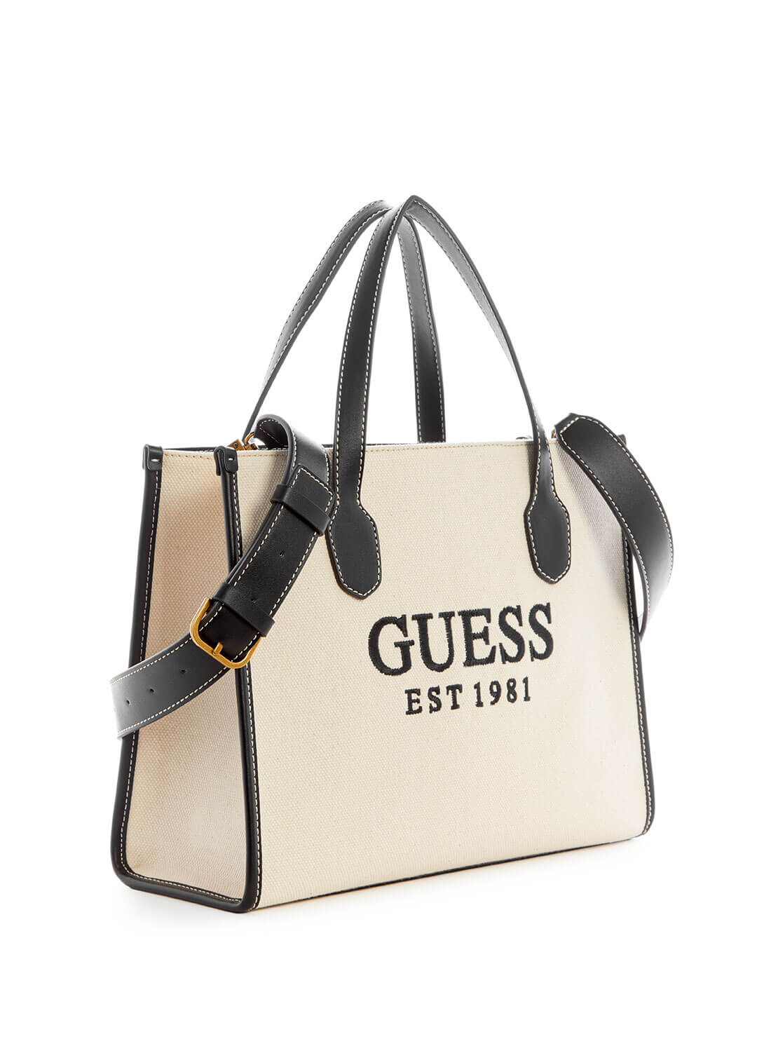 Black and Natural Silvana Small Tote Bag | GUESS Women's Handbags | side view