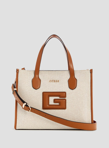 GUESS Womens Beige Brown G Status Double Compartment Tote WG919822 Front View