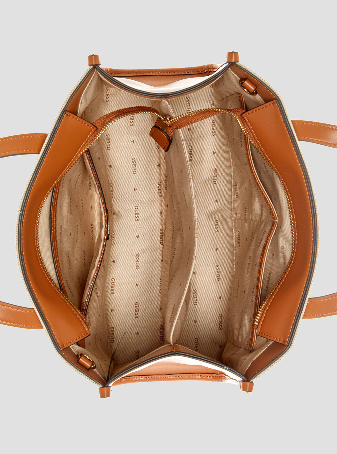 GUESS Womens Beige Brown G Status Double Compartment Tote Inside View