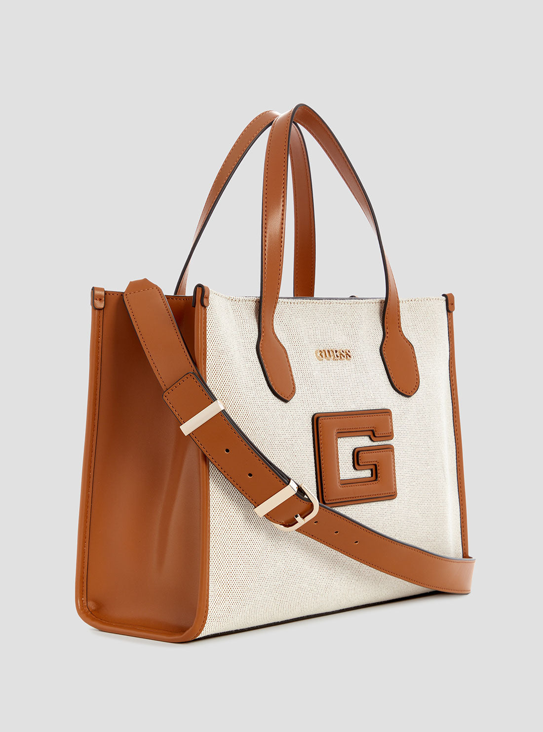GUESS Womens Beige Brown G Status Double Compartment Tote Side View