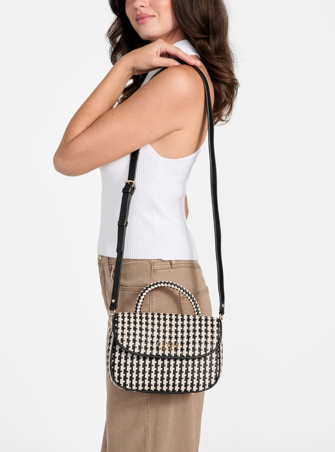 GUESS Womens Black Multi Mirema Top Handle Flap Bag WG963120 Model View