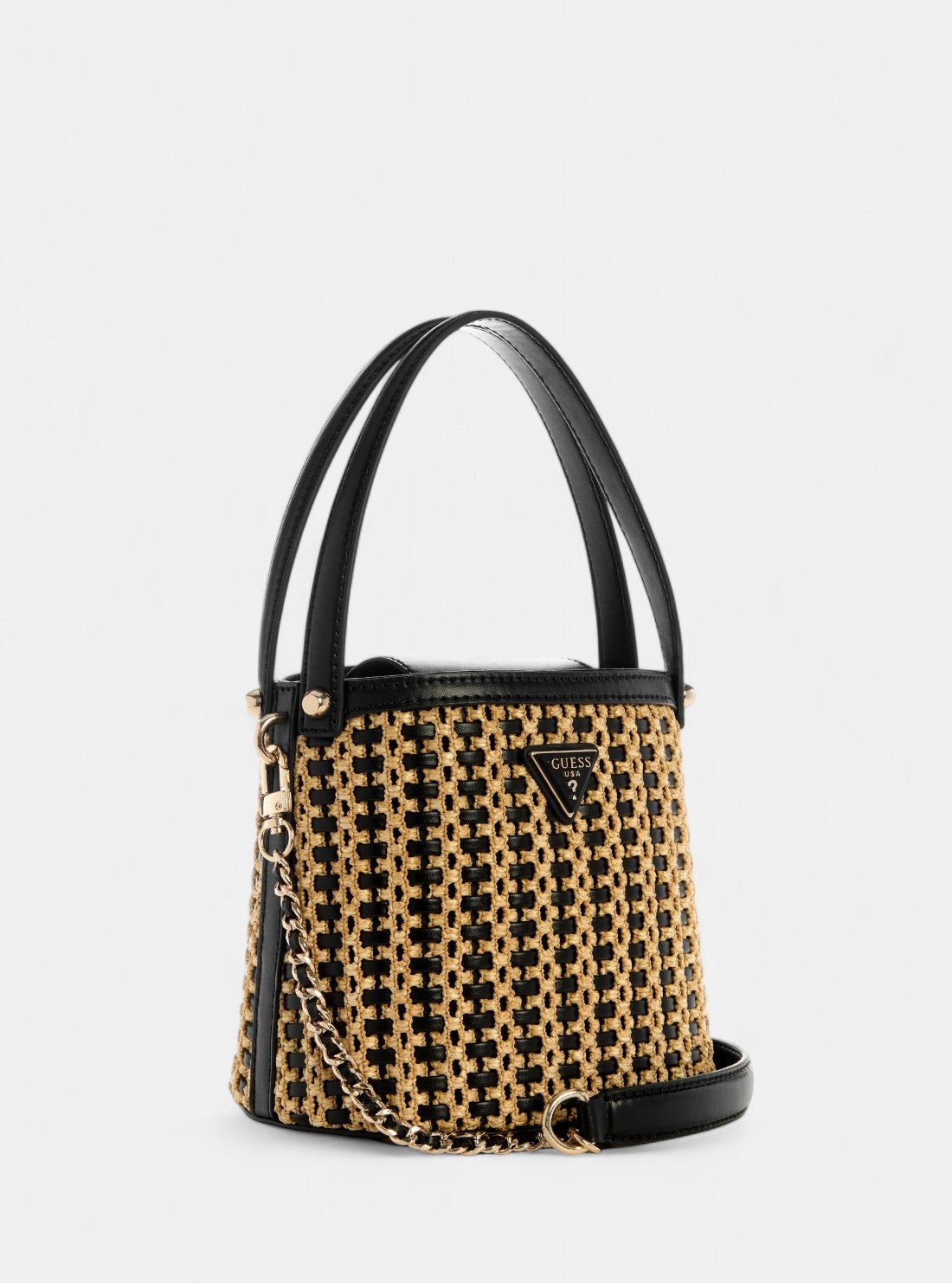 GUESS Womens Beige Black Atalia Raffia Crossbody Bag WG964703 Front Side View