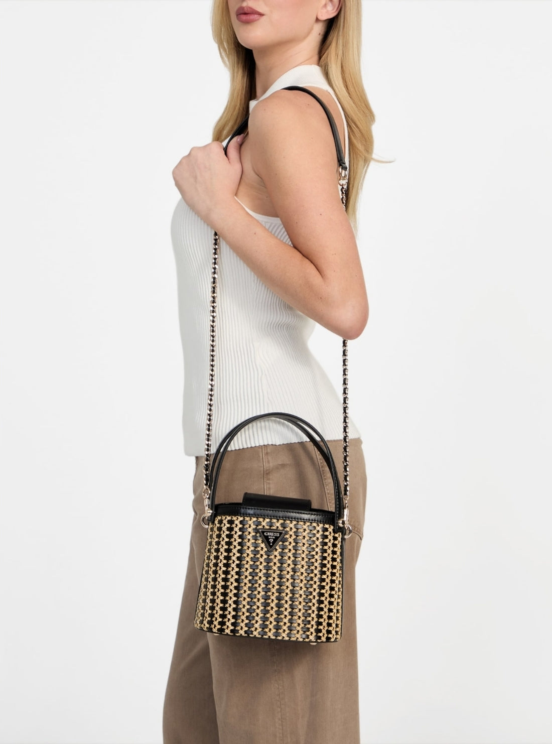 GUESS Womens Beige Black Atalia Raffia Crossbody Bag WG964703 Model View