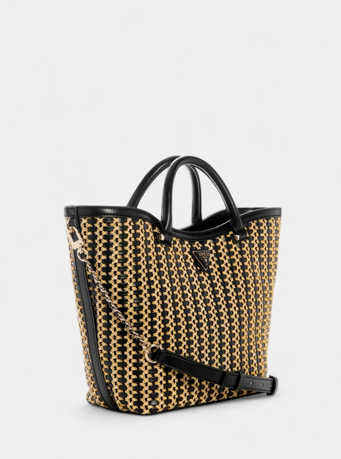 GUESS Womens Beige Black Atalia Raffia Tote Bag WG964722 Front Side View