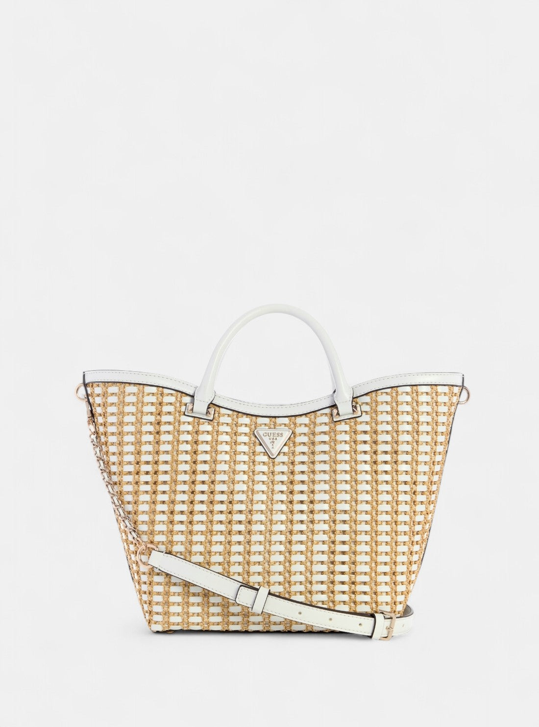 GUESS Womens Beige White Atalia Raffia Tote Bag WG964722 Front View