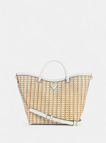 GUESS Womens Beige White Atalia Raffia Tote Bag WG964722 Front View