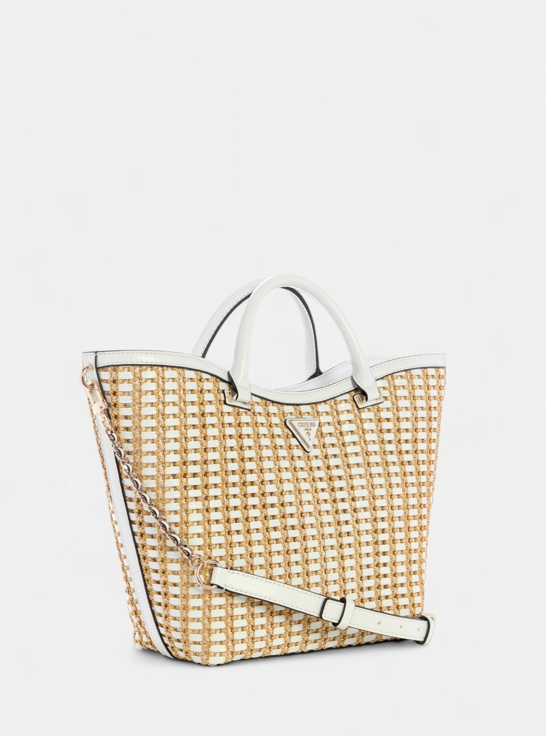 GUESS Womens Beige White Atalia Raffia Tote Bag WG964722 Front Side View