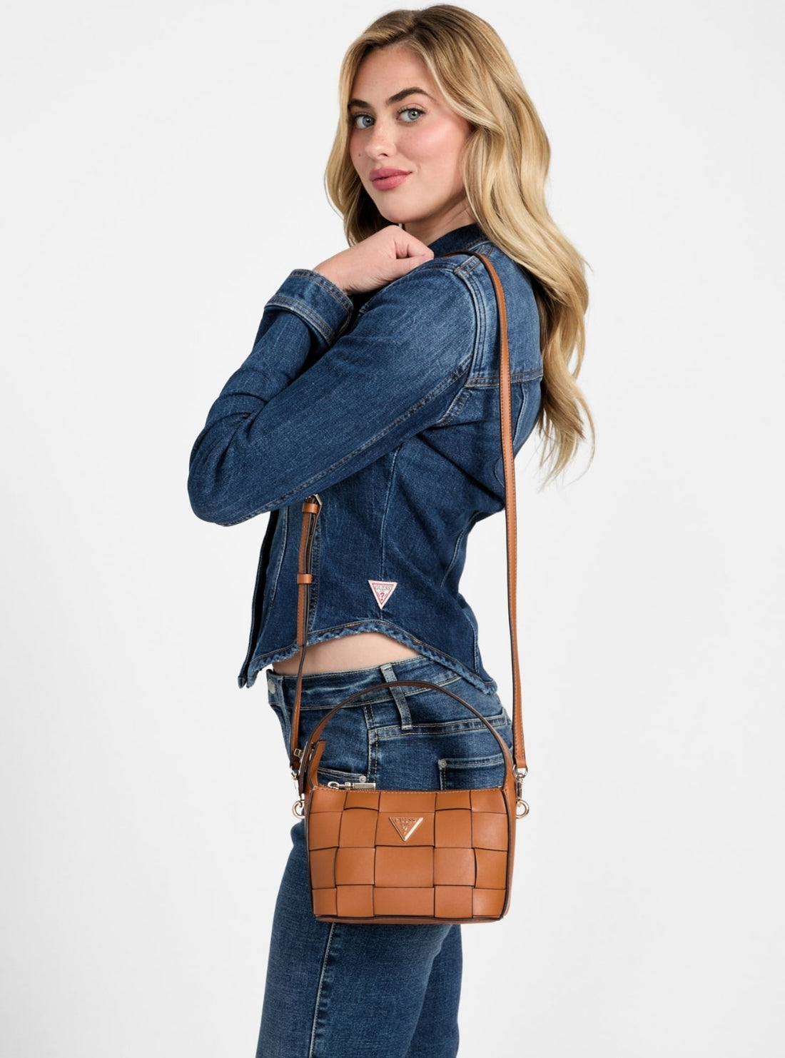 GUESS Womens Brown Maylee Mini Hobo Crossbody Bag WG966172 Model View