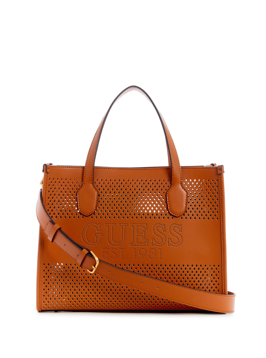 Cognac Brown Katey Small Tote Bag | GUESS Women's Handbags | front view