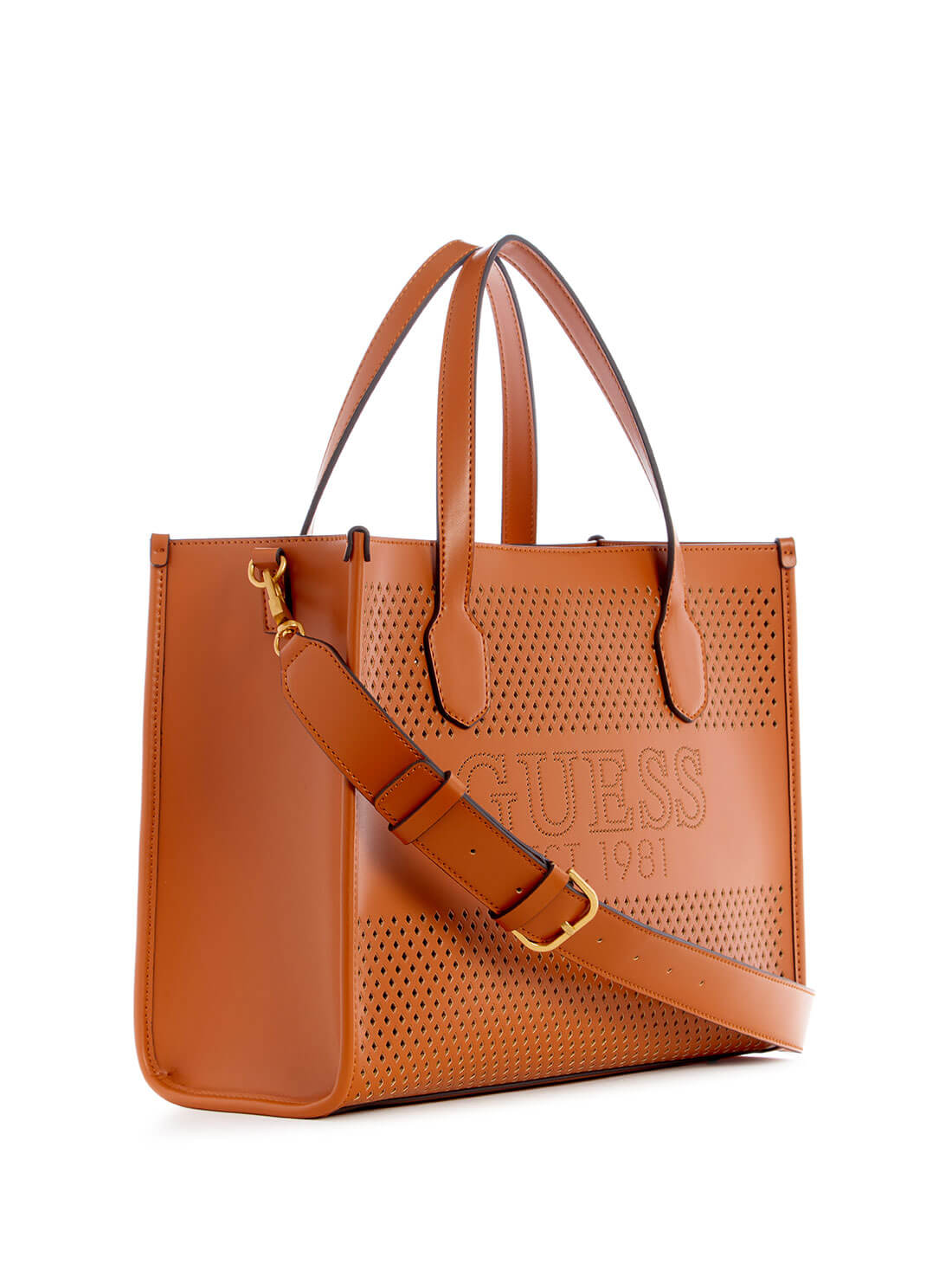 Cognac Brown Katey Small Tote Bag | GUESS Women's Handbags | side view