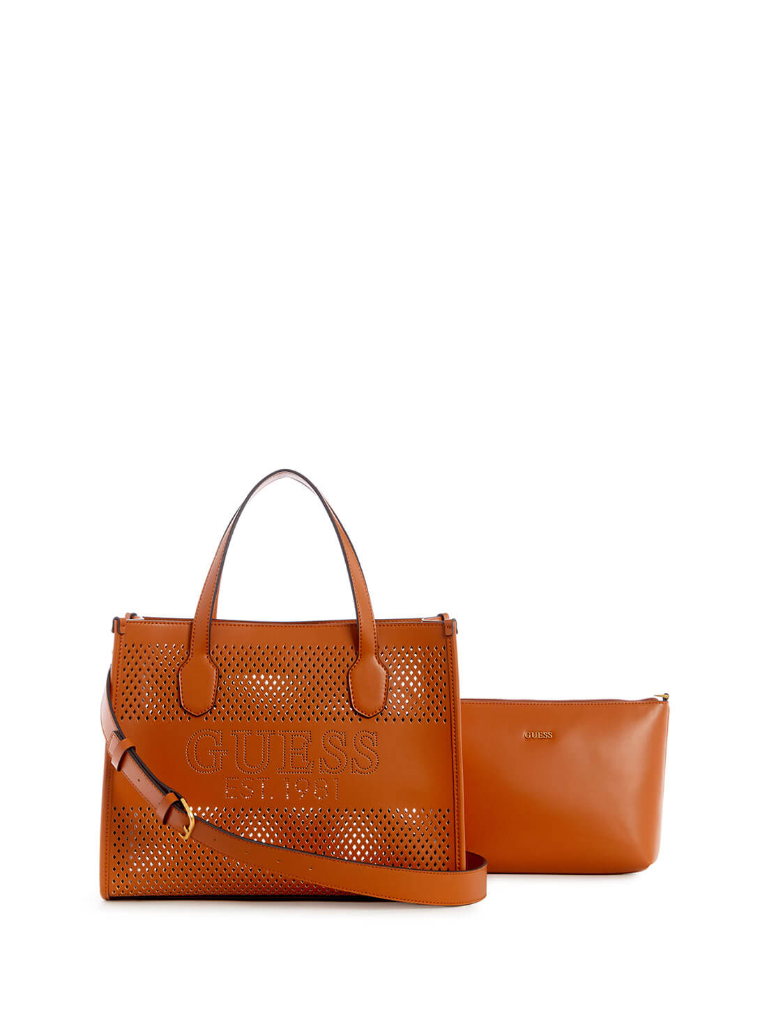 Cognac Brown Katey Small Tote Bag | GUESS Women's Handbags | front view alt