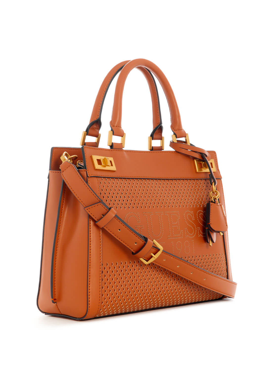 Cognac Brown Katey Perf Satchel Bag | GUESS Women's Handbags | side view