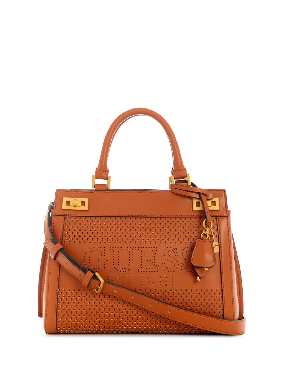Cognac Brown Katey Perf Satchel Bag | GUESS Women's handbags | front view