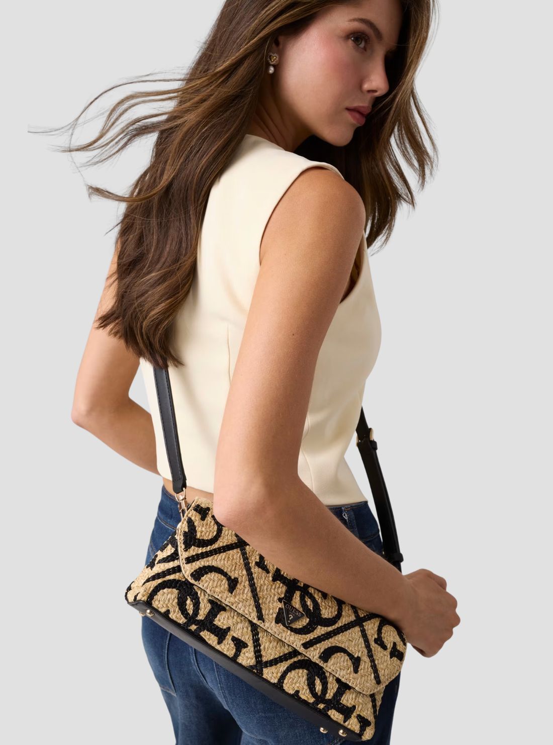 GUESS Womens Natural Black Kirsten Top Handle Flap Bag WL974320 Model View2
