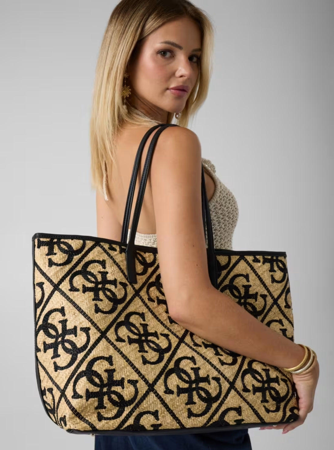 GUESS Womens Natural Black Kirsten Large 2 In 1 Tote Bag WL974324 Model View