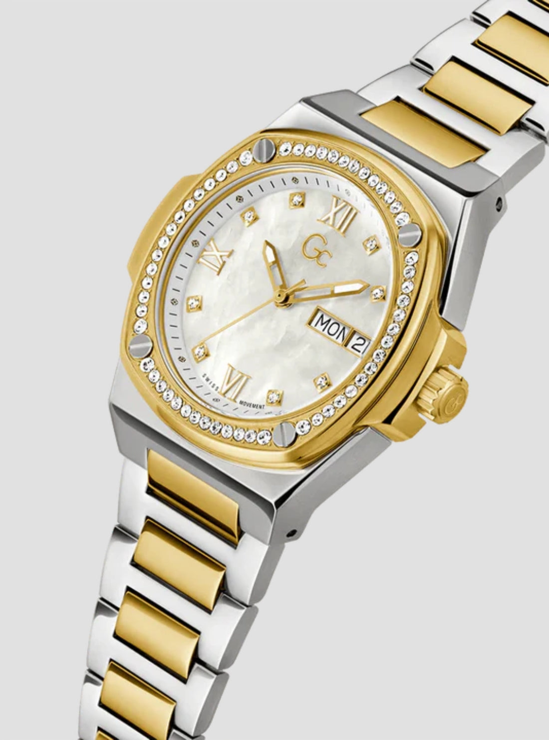 GUESS Womens Silver Gold GC Coussin Shape Lady Watch Y98008L1MF Side View