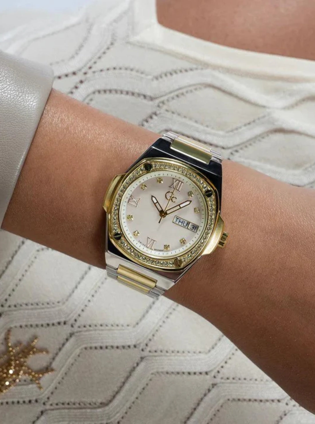 GUESS Womens Silver Gold GC Coussin Shape Lady Watch Y98008L1MF Model View
