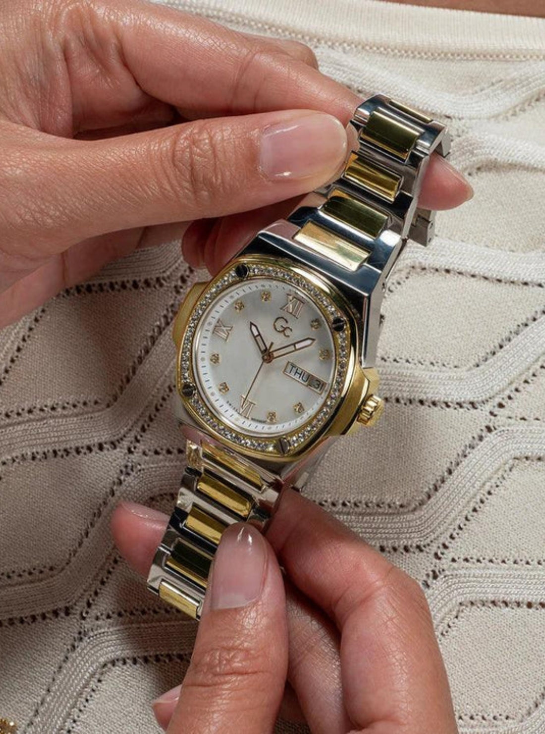 GUESS Womens Silver Gold GC Coussin Shape Lady Watch Y98008L1MF Model View