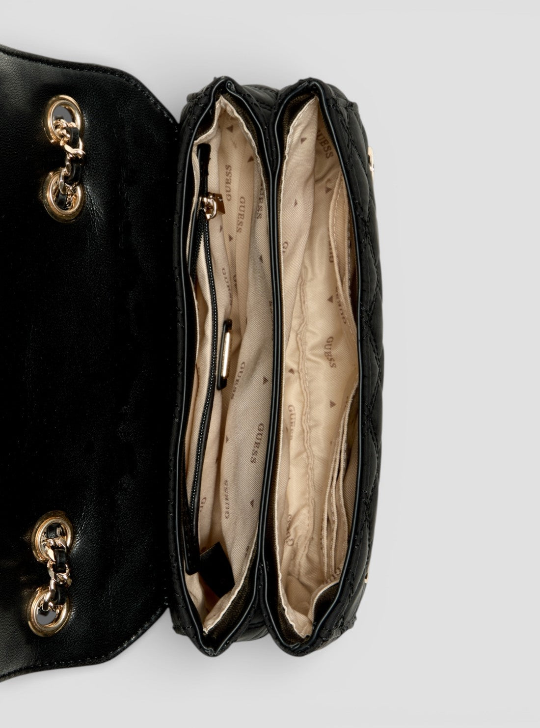 GUESS Womens Black Giully 2 Compartment Convertible Flap Bag YQ874820 Inside View