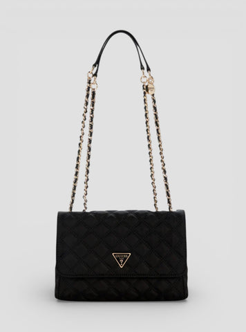 GUESS Womens Black Giully 2 Compartment Convertible Flap Bag YQ874820 Front View