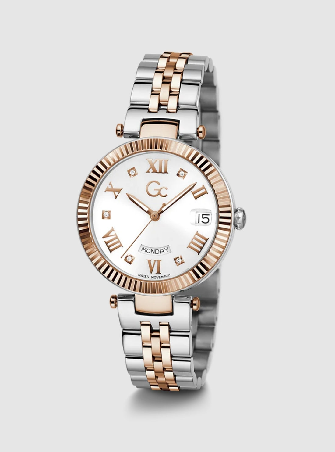 GUESS Accessories Silver Rose Gold GC Flair Ladies Watch Z01003L1MF Front View