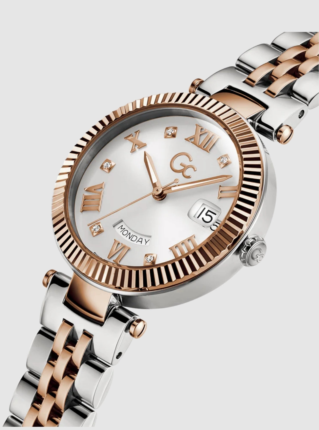 GUESS Accessories Silver Rose Gold GC Flair Ladies Watch Z01003L1MF Side View