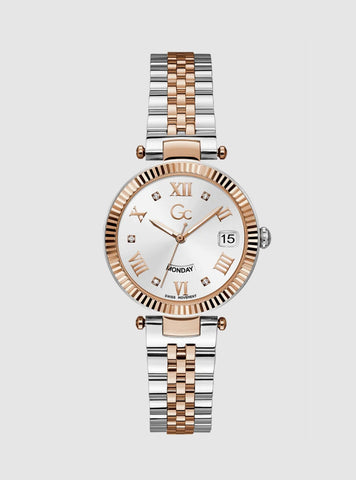 GUESS Accessories Silver Rose Gold GC Flair Ladies Watch Z01003L1MF Front View