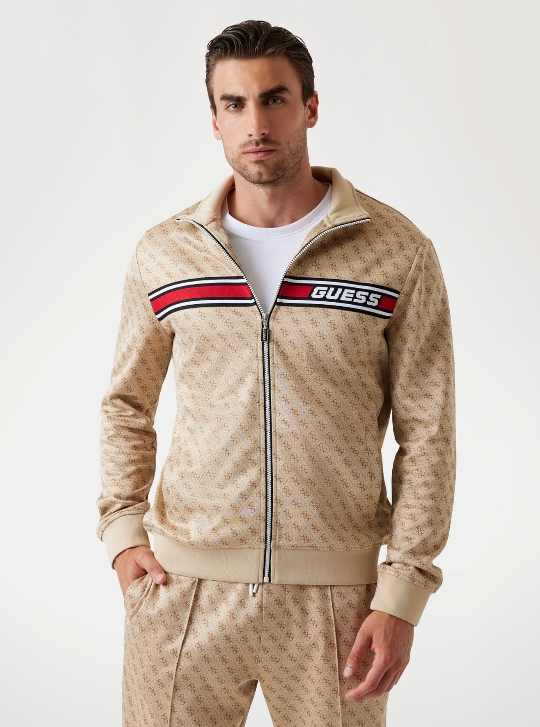 GUESS Mens Eco Beige Logo Korbin Active Jacket Z2BQ06FL04Q Front View