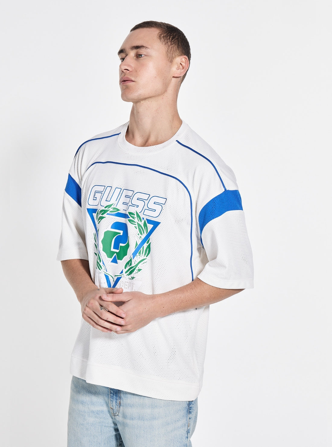 GUESS Mens White Bluflax Graphic Active T-Shirt Z5GI14KCR00 Front Side View