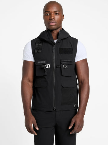 GUESS Mens Black Galium Hooded Vest Z5GL01WH2H0 Front View