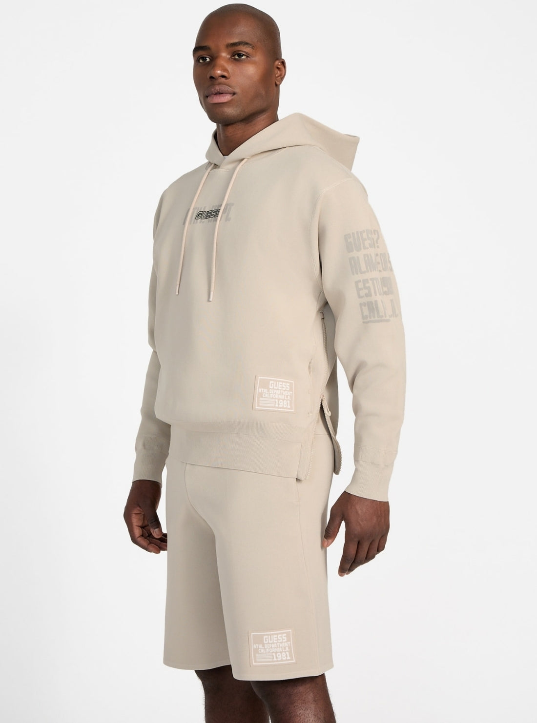 GUESS Mens Eco Beige Midho Hooded Active Sweatshirt Z5GQ07Z2Q42 Side View