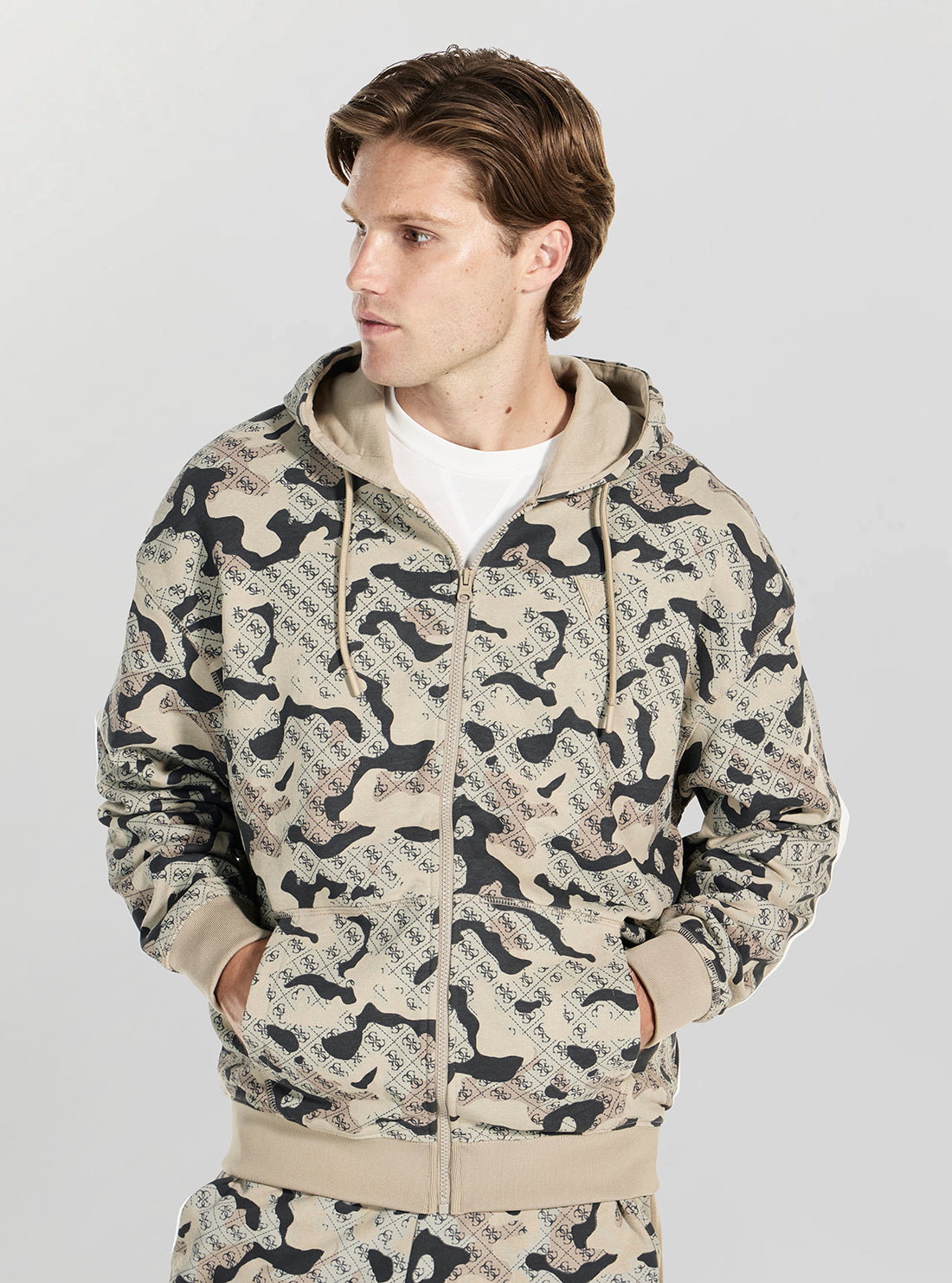 GUESS Mens Beige Camo Logo Chayton Active Sweatshirt Z6RQ04K9YI1 Front View