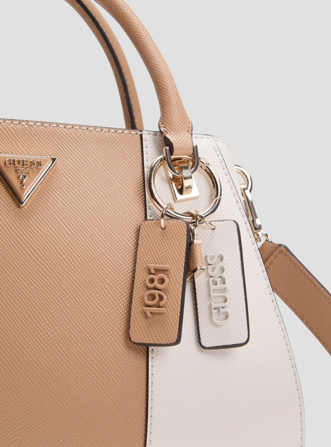 GUESS Womens White Beige Noelle II Luxury Satchel Bag ZG967207 Detail View