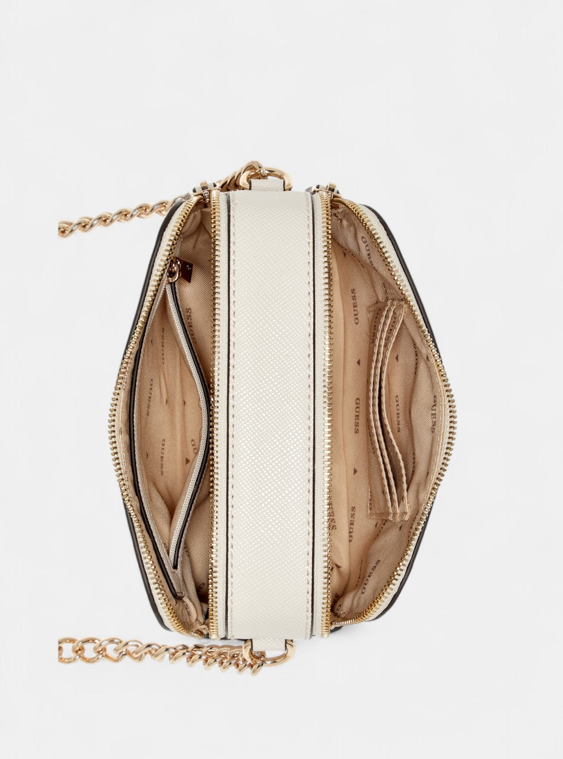 GUESS Womens Beige Noelle Double Zip Camera Crossbody Bag ZG967213 Inside View