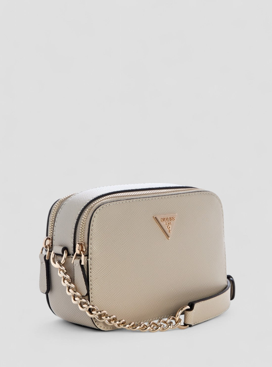 GUESS Womens Beige Noelle Double Zip Camera Crossbody Bag ZG967213 Front Side View