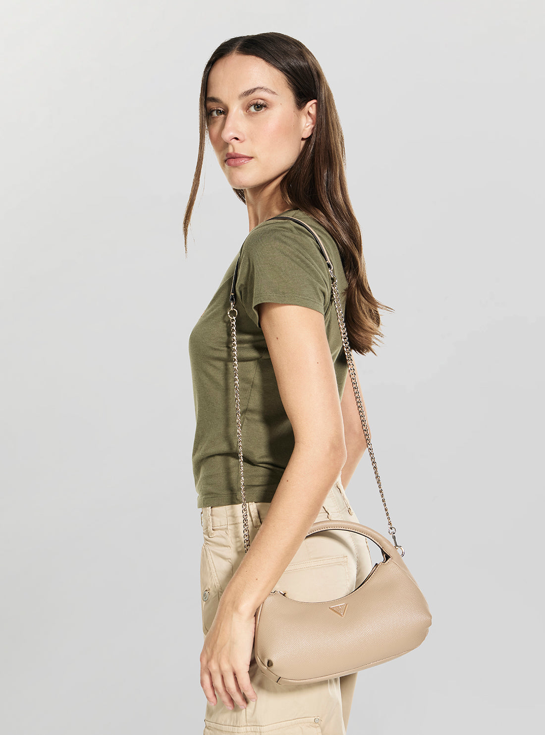 GUESS Womens Beige Gilda Mini Hobo Bag ZG974773 Model View