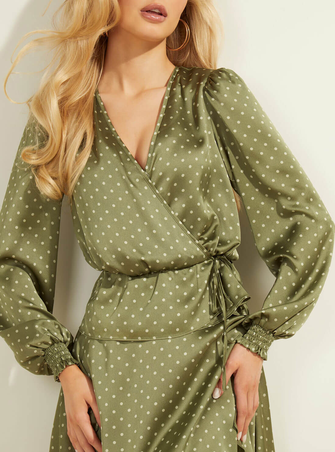 Green Polka Dot Wrap Top | GUESS Women's Apparel | detail view