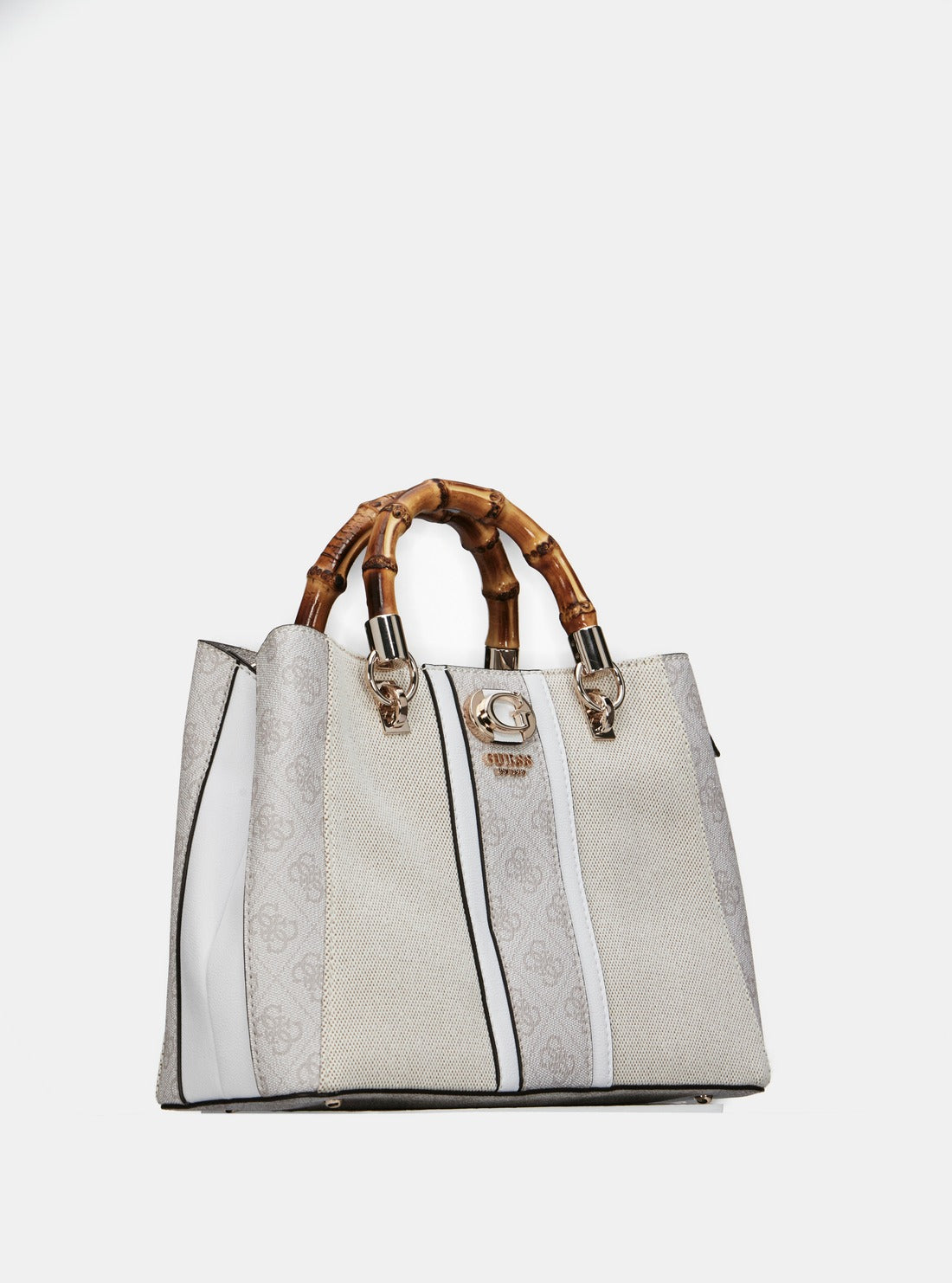 GUESS Beige Logo Kerima Bamboo Satchel Bag side view 