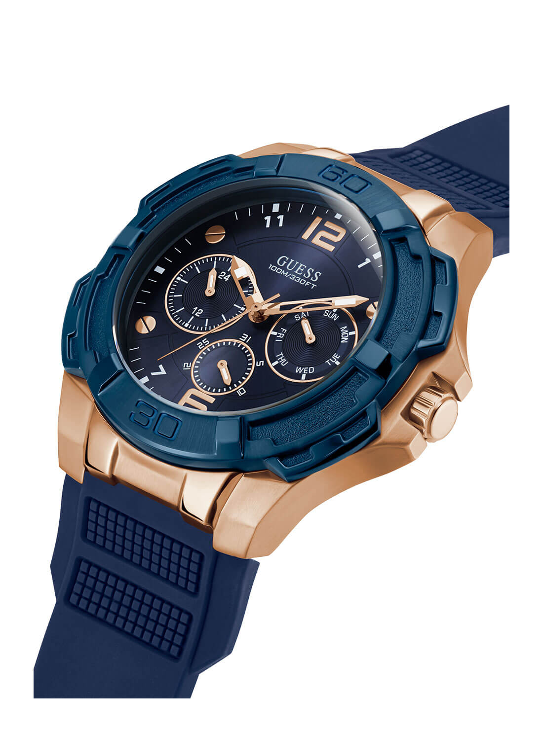 Rose Gold Genesis Blue Silicone Watch | GUESS Men's Watches | side view alternative