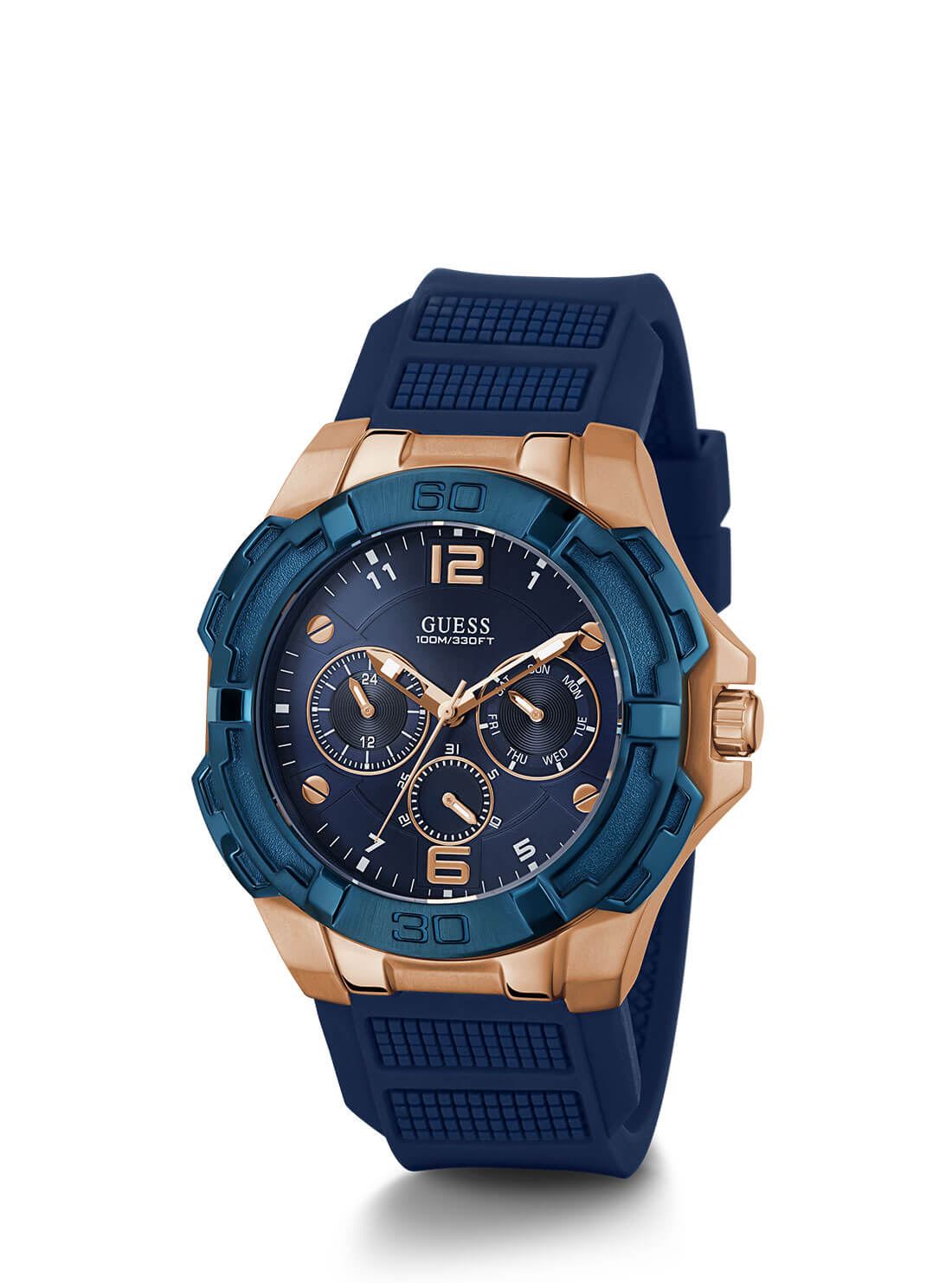 Rose Gold Genesis Blue Silicone Watch | GUESS Men's Watches | front view alternative